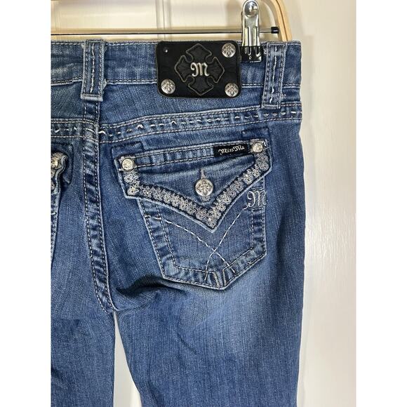 Miss Me Boot Cut Frayed Hem Jeans Womens Size 27 Blue Bling Rhinestone Cowgirl - Picture 4 of 12